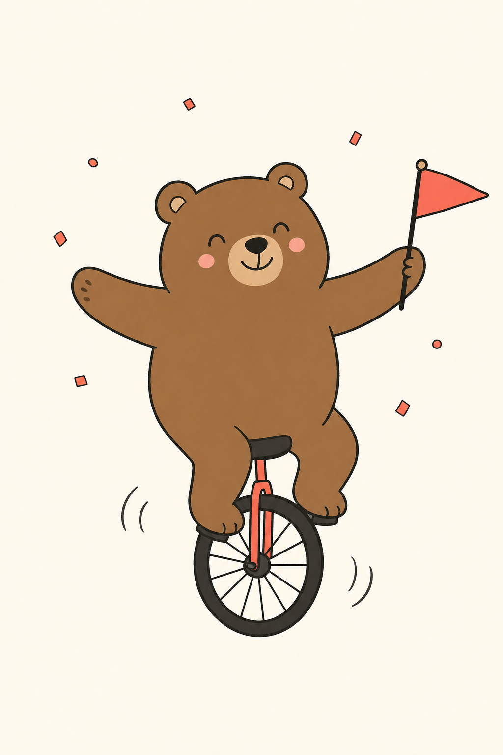 A cheerful illustrated card of a bear riding a unicycle
